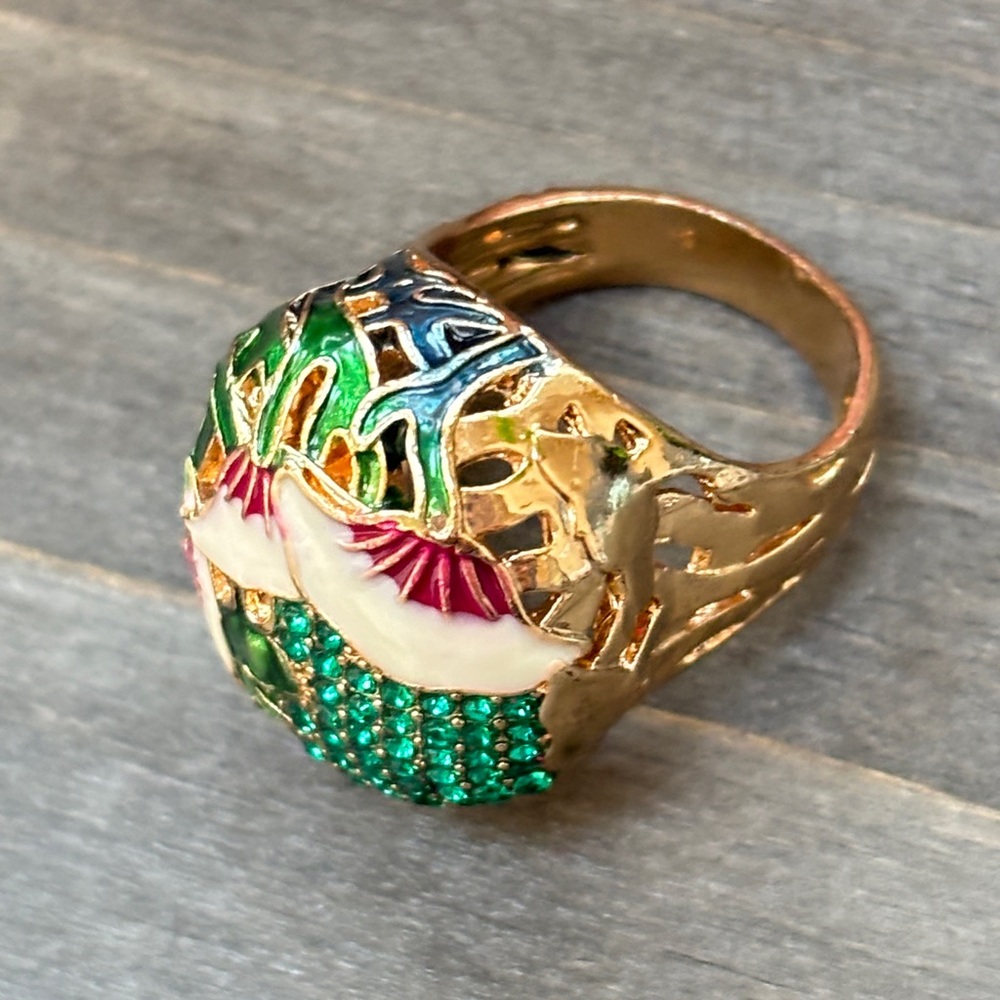 Gorgeous Enamel and Rhinestone Oversized Gold Tone Statement Ring
